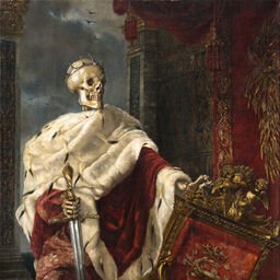 Mors Imperator (1887) by Hermione von Preuschen, depicting Death enthroned as a crowned skeleton in royal robes, surrounded by symbols of monarchy and mortality. The painting contrasts regal splendor with the inevitability of death, creating a powerful meditation on the fleeting nature of earthly power.