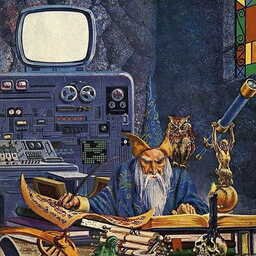 Illustration of an elderly wizard with a long white beard writing in a large spellbook while seated at a cluttered desk. Behind him is a vintage computer console with a CRT monitor, and beside him are an owl perched on his shoulder and a telescope. Scrolls, books, a skull, a candle, and alchemical objects fill the foreground, blending classic wizard imagery with retro technology.