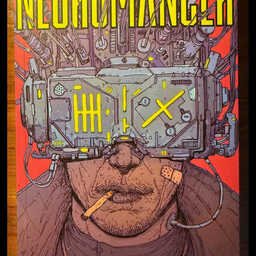 Book cover for Neuromancer by William Gibson. A man with a cigarette clenched between his lips wears a massive cybernetic visor that completely obscures his eyes. Thick cables and machinery connect the device to his head, while bright yellow lights glow across its surface. The background is vivid red, and the title appears in large yellow letters at the top. The overall style is gritty, cyberpunk, and industrial.