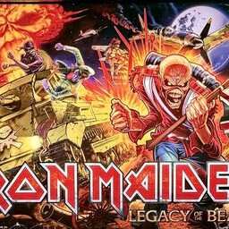 Colorful backglass artwork from the Iron Maiden: Legacy of the Beast pinball machine. Iron Maiden's skeletal mascot, Eddie, charges forward carrying a tattered Union Jack as explosions erupt behind him. A tank, fighter planes, and soldiers battle across a fiery war-torn landscape beneath a full moon.