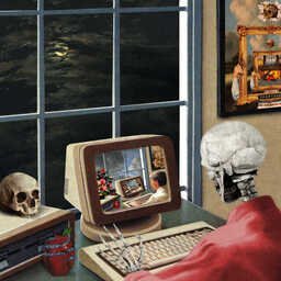 Surreal retro collage of a skeleton in a red shirt typing at a vintage computer. The screen shows an endlessly repeating scene of someone at a computer, while a skull, sliced apple, and moonlit window add to the eerie atmosphere.