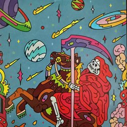 Psychedelic cartoon illustration of a red-robed skeleton wielding a large scythe while riding a bizarre, multi-legged creature through a colorful alien landscape. Planets, meteors, stars, flames, crystals, mushrooms, and strange organic forms fill the scene in vivid pink, turquoise, orange, green, and purple.