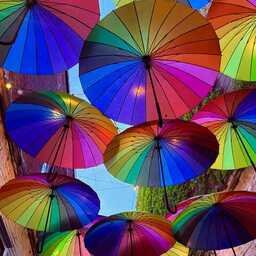 View looking upward through a narrow alley beneath a canopy of overlapping rainbow-colored umbrellas. Vivid panels of red, orange, yellow, green, blue, purple, and pink radiate from the umbrellas’ dark spokes, with patches of bright blue sky, string lights, brick walls, and climbing greenery visible between them.