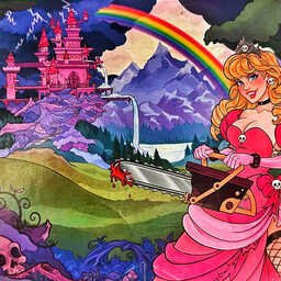 Punk-fantasy princess in a bright pink gown holds a bloodied chainsaw before a pink castle, purple mountains, storm clouds, and a vivid rainbow. Skulls and dark forest details contrast with the cheerful fairy-tale setting.
