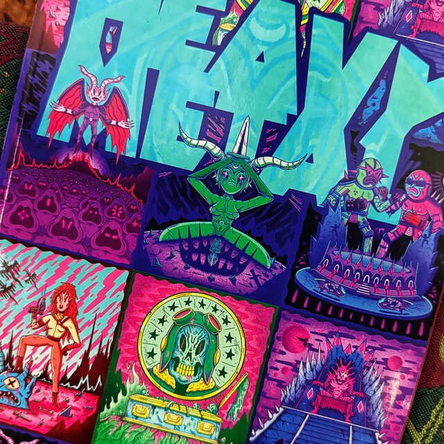 Close-up of a cover from Heavy Metal magazine. The image is of a vividly colored illustration divided into comic-like panels. Demonic and fantasy characters fill the scenes, including a horned green figure with black wings, armored creatures, a skull-headed figure surrounded by stars, and other monsters. The artwork uses intense turquoise, magenta, green, purple, and red with thick black outlines.
