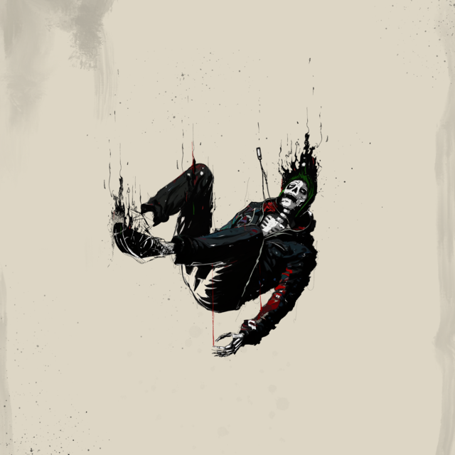 Minimalist illustration of a skeletal figure falling backward through an empty cream-colored space. Dressed in dark clothing and sneakers, the figure curls inward as black ink-like splatters, drips, and sketchy lines trail around the body, with small accents of red and green adding to the distressed, punk-inspired aesthetic.