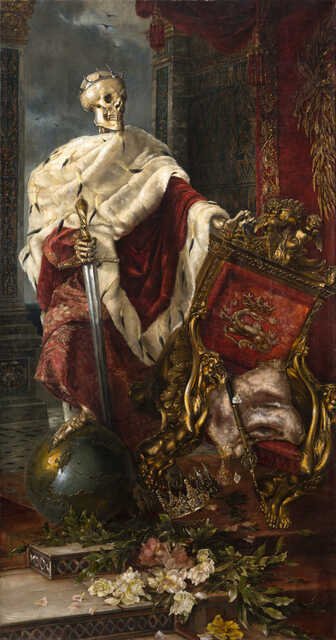 Mors Imperator (1887) by Hermione von Preuschen, depicting Death enthroned as a crowned skeleton in royal robes, surrounded by symbols of monarchy and mortality. The painting contrasts regal splendor with the inevitability of death, creating a powerful meditation on the fleeting nature of earthly power.