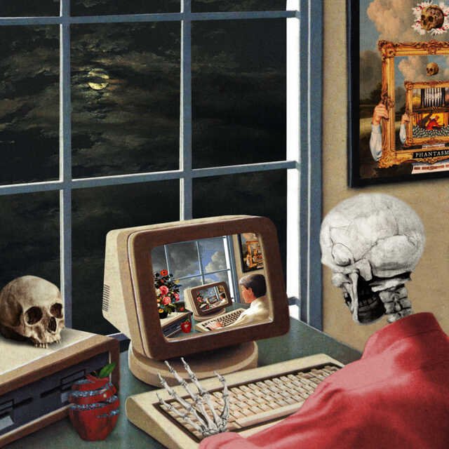 Surreal retro collage of a skeleton in a red shirt typing at a vintage computer. The screen shows an endlessly repeating scene of someone at a computer, while a skull, sliced apple, and moonlit window add to the eerie atmosphere.