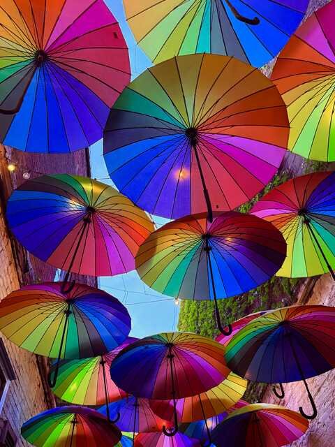 View looking upward through a narrow alley beneath a canopy of overlapping rainbow-colored umbrellas. Vivid panels of red, orange, yellow, green, blue, purple, and pink radiate from the umbrellas’ dark spokes, with patches of bright blue sky, string lights, brick walls, and climbing greenery visible between them.