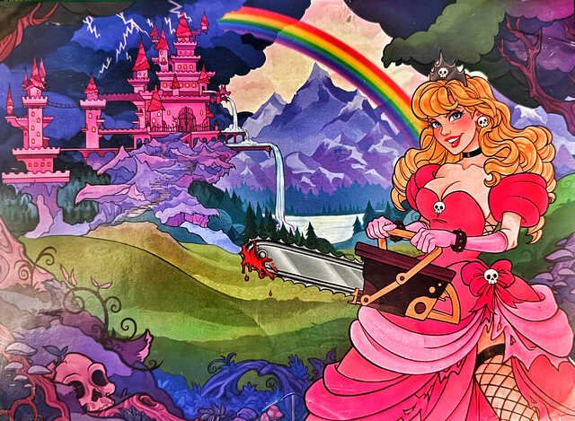 Punk-fantasy princess in a bright pink gown holds a bloodied chainsaw before a pink castle, purple mountains, storm clouds, and a vivid rainbow. Skulls and dark forest details contrast with the cheerful fairy-tale setting.